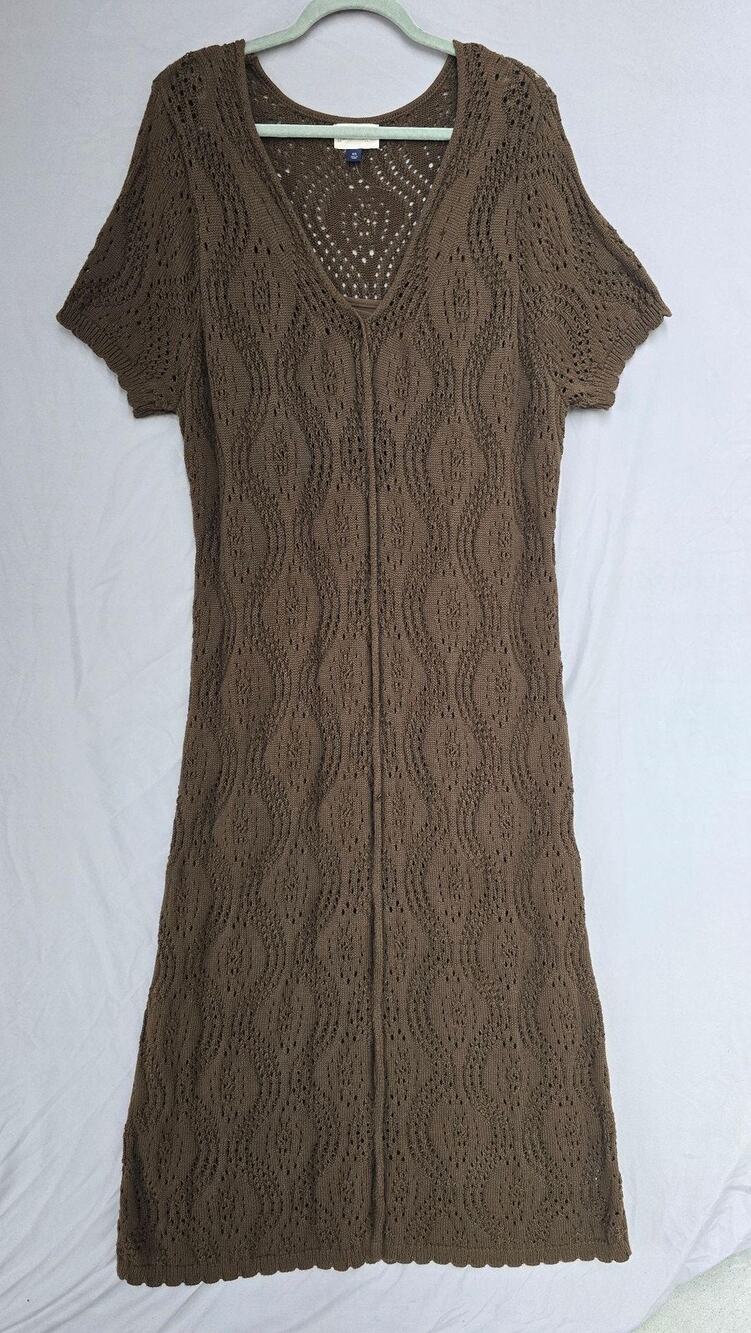 Universal Thread Sweater Dress Womens 2XL Brown V Neck Crochet Short Sleeve